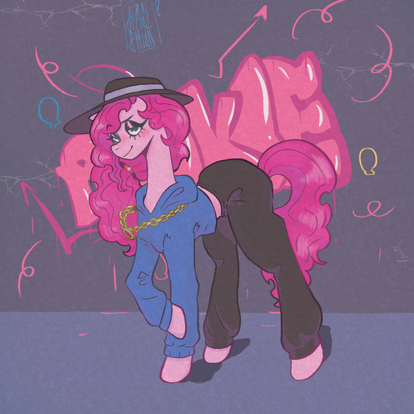 Size: 1000x1000 | Tagged: safe, artist:sizack, derpibooru import, pinkie pie, earth pony, pony, accessories, clothes, fedora, female, gold chains, graffiti, hat, image, jpeg, rapper pie