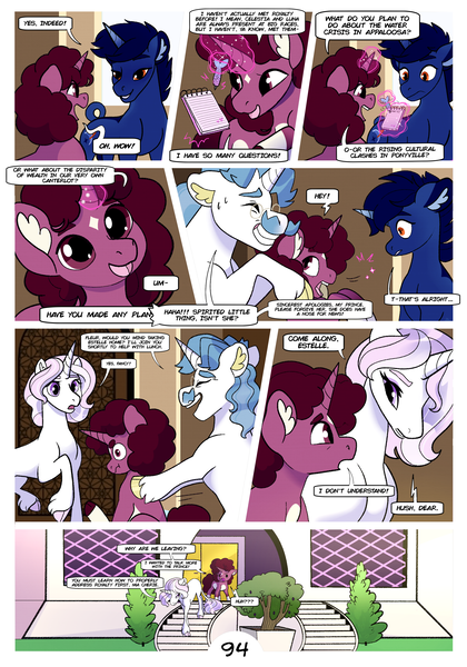 Size: 2100x3000 | Tagged: safe, artist:loryska, derpibooru import, fancypants, fleur-de-lis, oc, oc:indigo sky, oc:la belle estelle, pony, comic:friendship grows, image, magical lesbian spawn, offspring, parent:trixie, parent:twilight sparkle, parents:twixie, png