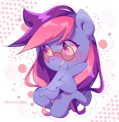 Size: 2924x3000 | Tagged: safe, artist:cherrnichka, derpibooru import, oc, oc:midnight bloom, unofficial characters only, pegasus, pony, abstract background, blushing, bust, female, glasses, image, mare, pegasus oc, png, portrait, smiling, solo, wings