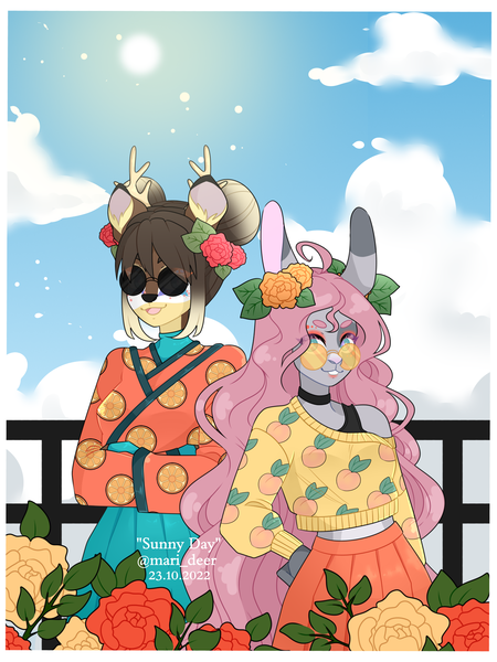 Size: 1500x2000 | Tagged: safe, artist:mari_deer, derpibooru import, oc, unofficial characters only, anthro, deer, reindeer, crossed arms, deer oc, duo, hand on hip, image, non-pony oc, png, reindeer oc, sunglasses