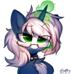 Size: 2862x3000 | Tagged: safe, artist:gicme, derpibooru import, oc, oc:passi deeper, unofficial characters only, pony, unicorn, bust, coat markings, collar, eyebrows, eyebrows visible through hair, fluffy, glasses, glow, glowing horn, green eyes, horn, image, lidded eyes, looking at you, magic, magic aura, male, png, portrait, simple background, solo, spiked collar, stallion, telekinesis, transparent background, unicorn oc, watermark