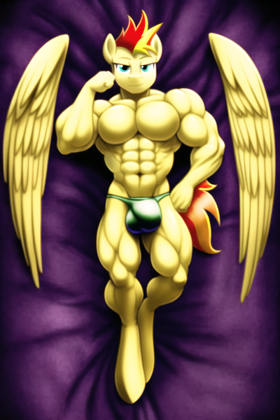 Size: 1536x2304 | Tagged: suggestive, derpibooru import, machine learning generated, stable diffusion, oc, unofficial characters only, anthro, pegasus, plantigrade anthro, unguligrade anthro, abs, bedroom eyes, crotch bulge, floating wings, image, male, muscles, muscular male, png, solo, solo male, speedo, wings