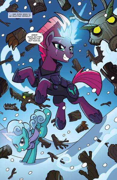 Size: 750x1155 | Tagged: safe, artist:tonyfleecs, derpibooru import, idw, glitter drops, tempest shadow, pony, timber wolf, unicorn, nightmare knights, spoiler:comic, dialogue, duo, female, image, jpeg, magic, mare, speech bubble