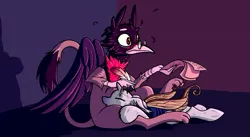 Size: 679x373 | Tagged: safe, artist:moped_cirrus, derpibooru import, oc, unofficial characters only, changedling, changeling, gryphon, blushing, changedling oc, changeling oc, feather, glasses, griffon oc, image, jpeg, lying down, lying on top of someone, meta, paper, prone, quill, red and black oc, shadow, sitting, twitter