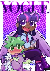 Size: 2048x2914 | Tagged: safe, artist:moccabliss, derpibooru import, rarity, spike, twilight sparkle, human, clothes, dark skin, hoodie, humanized, image, plushie, png
