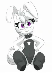 Size: 1522x2110 | Tagged: safe, artist:pabbley, derpibooru import, amethyst star, pony, unicorn, black and white, bunny ears, bunny suit, clothes, eye clipping through hair, female, grayscale, hoof on head, image, jpeg, looking at you, mare, monochrome, partial color, simple background, smiling, smiling at you, socks, solo, stockings, thigh highs, white background
