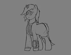 Size: 2600x2000 | Tagged: safe, artist:somber, derpibooru import, oc, unofficial characters only, pony, unicorn, fallout equestria, clothes, image, jumpsuit, png, stable-tec, vault suit