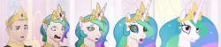 Size: 6320x1347 | Tagged: safe, derpibooru import, princess celestia, alicorn, human, art shift, blue eyes, brainwashing, butt, clothes, crown, gem, hair growth, human to pony, hypno eyes, hypnosis, image, jewelry, kaa eyes, necklace, pink eyes, png, regalia, rule 63, shaved head, shirt, shocked, shocked expression, show accurate, smiling, solo, sunbutt, t-shirt, throne, throne room, transformation, transgender transformation