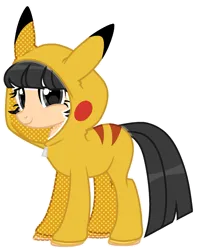 Size: 1601x2016 | Tagged: safe, artist:kellysweet1, derpibooru import, oc, oc:hanako, unofficial characters only, earth pony, pikachu, pony, belt, clothes, cosplay, costume, crossover, derpibooru exclusive, female, hoodie, image, mare, older, png, pokémon, simple background, solo, transparent background