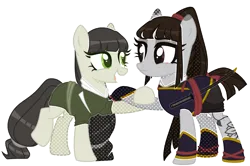 Size: 3432x2284 | Tagged: safe, artist:kellysweet1, derpibooru import, oc, oc:ohasu, oc:sawa (ice1517), unofficial characters only, earth pony, pony, armor, belt, clothes, derpibooru exclusive, eye scar, eyeshadow, facial scar, female, holding hooves, hoof shoes, image, katana, kimono (clothing), lesbian, makeup, mare, oc x oc, ohasusawa, open mouth, png, ponytail, raised hoof, raised leg, scar, shipping, simple background, sword, tattoo, transparent background, weapon