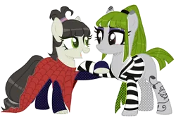Size: 3432x2284 | Tagged: safe, artist:kellysweet1, derpibooru import, oc, oc:ohasu, oc:sawa (ice1517), unofficial characters only, earth pony, pony, alternate hairstyle, bettlejuice, clothes, cosplay, costume, crossover, derpibooru exclusive, dress, eye scar, eyeshadow, facial scar, female, halloween, halloween costume, holding hooves, holiday, hoof shoes, image, lesbian, lydia deetz, makeup, mare, oc x oc, ohasusawa, open mouth, png, ponytail, raised hoof, raised leg, scar, shipping, shirt, simple background, tattoo, transparent background