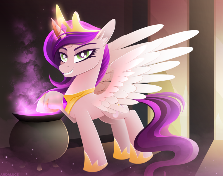 Size: 3290x2588 | Tagged: safe, artist:andaluce, derpibooru import, pipp petals, alicorn, pony, mlp fim's twelfth anniversary, alicornified, cauldron, crown, female, g5, glow, glowing horn, grin, high res, horn, image, jewelry, lineless, looking at you, mare, png, race swap, regalia, smiling, smiling at you, solo, wings