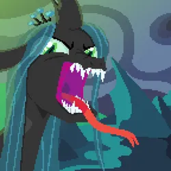 Size: 720x720 | Tagged: safe, artist:loose noose, derpibooru import, queen chrysalis, changeling, changeling queen, angry, black body, blue hair, cave, crown, fangs, female, green eyes, hissing, image, jewelry, looking at you, pixel art, png, regalia, rock, solo, teeth, tongue out