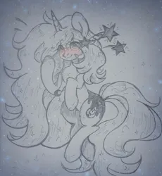 Size: 960x1045 | Tagged: safe, artist:starkey, derpibooru import, starlight glimmer, oc, unicorn, barrette, crescent moon, embarrassed grin, full body, image, long mane, long tail, moon, png, smiling, solo, stars, tail