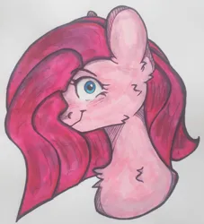 Size: 960x1056 | Tagged: safe, artist:starkey, derpibooru import, pinkie pie, earth pony, blue eyes, bust, chest fluff, ear fluff, image, insanity, pink hair, pinkamena diane pie, png, portrait, smiling, solo, traditional art