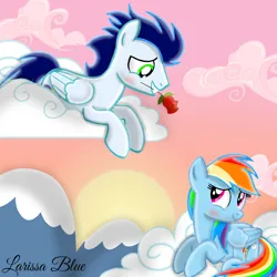 Size: 900x900 | Tagged: safe, artist:mlplary6, derpibooru import, rainbow dash, soarin', pegasus, pony, blushing, cloud, female, flower, image, looking at each other, looking at someone, male, mare, mountain, png, rose, shipping, smiling, smiling at each other, soarindash, stallion, straight, sunset