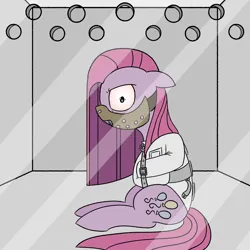 Size: 2500x2500 | Tagged: safe, artist:legendoflink, derpibooru import, pinkie pie, earth pony, pony, alternate hairstyle, bondage, cell, female, floppy ears, glass, hannibal lecter, image, looking at you, mare, mask, pinkamena diane pie, pinktober, png, simple background, sitting, solo, solo female, straitjacket