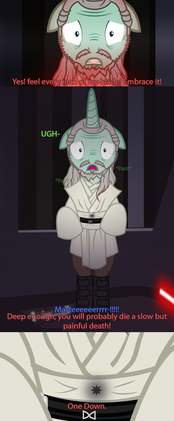 Size: 1280x3094 | Tagged: safe, artist:mlpjediqui-gon, derpibooru import, oc, oc:qui-ll song, pony, unicorn, zabrak, zebra, boots, clothes, comic, darth maul, image, jedi, lightsaber, looking at you, naboo, obi wan kenobi, obi-wan kenobi, offscreen character, png, pov, qui-gon jinn, quill, scenery, shoes, sith, star wars, star wars: the phantom menace, this will end in death, vector, weapon, wounded warriors