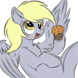 Size: 1280x1280 | Tagged: safe, artist:kusturbrick, derpibooru import, derpy hooves, pegasus, pony, chest fluff, cute, derpabetes, ear fluff, female, flying, food, image, jpeg, mare, muffin, open mouth, simple background, smiling, solo, spread wings, that pony sure does love muffins, white background, wings