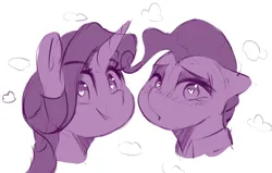 Size: 4100x2600 | Tagged: suggestive, artist:welost, derpibooru import, mayor mare, starlight glimmer, earth pony, pony, unicorn, bust, clopfic in description, female, heart, heart eyes, high res, image, mare, mind control, png, simple background, sketch, story included, white background, wingding eyes