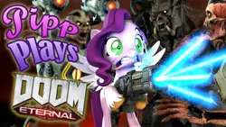 Size: 1920x1080 | Tagged: safe, artist:pika-robo, derpibooru import, pipp petals, pegasus, pony, series:pipp plays, 3d, doom, doom eternal, fake thumbnail, female, firing, g4, g5, g5 to g4, gamer pipp, generation leap, i've made a huge mistake, image, laser, laser rifle, let's play, mare, png, scared, source filmmaker, spread wings, video game, wings, youtube thumbnail