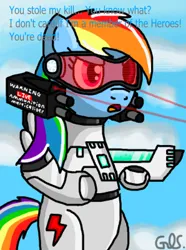 Size: 298x400 | Tagged: safe, artist:mudkip91/tetrahedron, derpibooru import, rainbow dash, pegasus, pony, cloud, colored text, crossover, dash-e, digital art, flying, gun, holding, image, mod of redemption, my little portal, png, portal (valve), sky, solo, talking, text, weapon