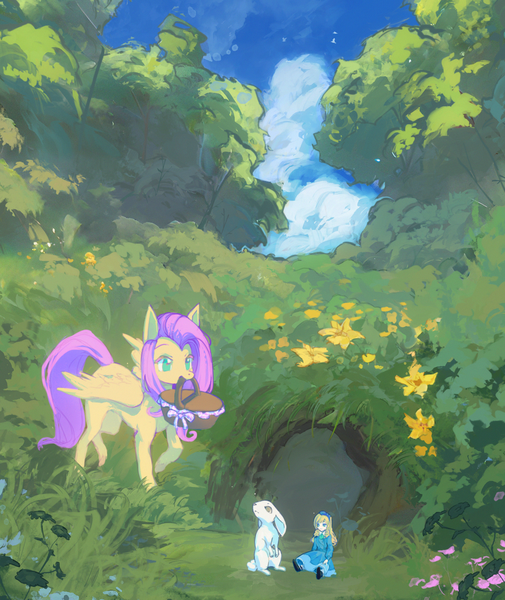 Size: 1573x1869 | Tagged: safe, artist:lykzoi, derpibooru import, angel bunny, fluttershy, pegasus, pony, rabbit, animal, basket, cute, doll, female, flower, image, mare, mouth hold, outdoors, png, scenery, shyabetes, toy