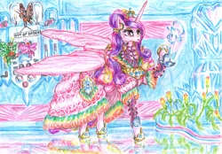 Size: 3298x2297 | Tagged: safe, artist:lubronyr, derpibooru import, princess cadance, alicorn, pony, alternate hairstyle, clothes, dress, female, high res, hologram, image, jpeg, mare, traditional art