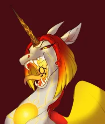 Size: 589x697 | Tagged: safe, artist:witherslayer73, derpibooru import, oc, oc:ayzat, unofficial characters only, alicorn, pony, alicorn oc, bust, cracked, female, glow, glowing horn, horn, image, jpeg, long tongue, red background, sharp teeth, simple background, solo, teeth, tongue out, wings