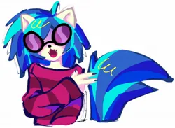 Size: 1368x1000 | Tagged: safe, artist:heartwoozy, derpibooru import, vinyl scratch, anthro, cat, catified, claws, clothes, fangs, female, furry, glasses, image, jpeg, simple background, solo, species swap, sweater, vinyl's glasses, white background