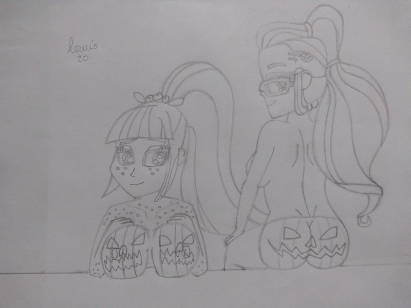 Size: 4160x3120 | Tagged: questionable, artist:lewis20, derpibooru import, sour sweet, sugarcoat, equestria girls, ass, bodypaint, breasts, busty sour sweet, butt, female, freckles, halloween, holiday, image, jack-o-lantern, jpeg, looking at you, looking back, pumpkin, sitting, sugarcheeks, traditional art