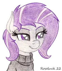Size: 950x1080 | Tagged: safe, artist:roseluck, derpibooru import, oc, oc:morning glory (project horizons), unofficial characters only, pegasus, pony, fallout equestria, fallout equestria: project horizons, bust, clothes, colored pencil drawing, fanfic art, female, grey hair, image, lidded eyes, mare, older, pegasus oc, png, simple background, skunk stripe, smiling, solo, sweater, traditional art, turtleneck, white background, wings