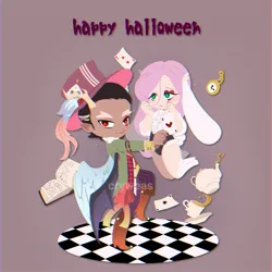 Size: 2048x2048 | Tagged: safe, artist:cryweas, derpibooru import, discord, fluttershy, animal costume, book, bunny costume, bunny ears, bunny suit, card, clothes, costume, discoshy, female, image, jpeg, male, shipping, straight, suit