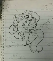 Size: 1080x1250 | Tagged: safe, artist:whiskeypanda, derpibooru import, fluttershy, pegasus, pony, cloud, cute, flying, happy, image, ink drawing, jpeg, lined paper, open mouth, sky, spread wings, traditional art, wings