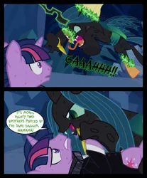 Size: 814x982 | Tagged: safe, artist:bigsnusnu, derpibooru import, queen chrysalis, twilight sparkle, changeling, changeling queen, unicorn, comic:dusk shine in pursuit of happiness, bruised, cave, cavern, clothes, dagger, dialogue, dusk shine, female, gloating, image, jpeg, leaping, pinned, pinned down, rock, rule 63, struggling, surprised, tuxedo, weapon, yelling