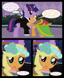 Size: 1280x1545 | Tagged: safe, artist:bigsnusnu, derpibooru import, applejack, twilight sparkle, earth pony, unicorn, comic:dusk shine in pursuit of happiness, bush, clothes, column, dancing, dress, dusk shine, flower, flower in hair, gala dress, half r63 shipping, happy, holding hooves, image, jewelry, necklace, pearl necklace, png, rose, rule 63, sad, shipping, teary eyes, tuxedo, wall