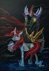 Size: 2265x3241 | Tagged: safe, artist:cahandariella, derpibooru import, king sombra, oc, oc:obsidian, bird, parrot, unicorn, black background, colored pencil drawing, crying, crystal, dark, friendship journal, image, jpeg, parent:king sombra, shadow, simple background, starvation, teary eyes, traditional art, water