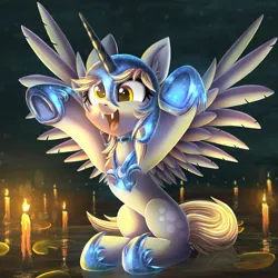 Size: 2000x2000 | Tagged: safe, artist:atlas-66, derpibooru import, derpy hooves, nightmare moon, pegasus, pony, candle, clothes, colored, cosplay, costume, fake horn, fangs, high res, image, lighting, png, raised hoof, raised hooves, slim, solo, spread wings, wings