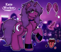 Size: 2400x2048 | Tagged: safe, artist:kichimina, derpibooru import, oc, oc:kate worker, unofficial characters only, pony, unicorn, blurry background, chest fluff, choker, closed mouth, collar, colored, cutie mark, digital art, ear piercing, earring, eyebrows, eyelashes, fangs, female, full body, glow, glowing horn, hooves, horn, image, jewelry, lip piercing, looking at you, magic, mane, mare, moon, open mouth, piercing, png, raised hoof, reference sheet, signature, solo, sparkles, standing, stars, tail, teeth, tongue out, tongue piercing, unicorn oc, wristband