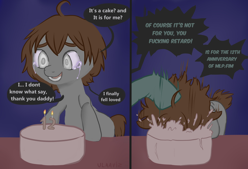 Size: 2500x1700 | Tagged: safe, artist:ulaaviz, derpibooru import, oc, ponified, earth pony, pony, mlp fim's twelfth anniversary, abuse, bad parenting, blind, bully, bullying, cake, child abuse, crying, derpibooru exclusive, father and child, father and son, food, image, jpeg, male, meme, simple background, speech bubble, text