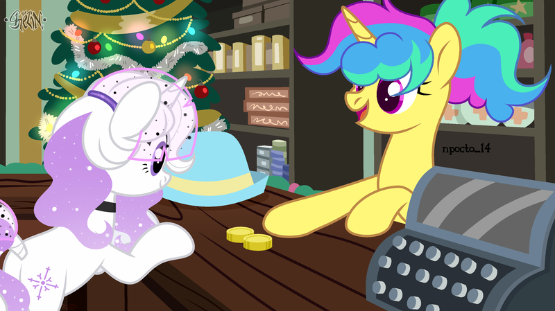 Size: 3000x1685 | Tagged: safe, artist:kannakiller, artist:npocto_14, derpibooru import, oc, oc:midnight blizzard, unofficial characters only, pony, unicorn, background, base used, bits, boxes, buttons, cash register, choker, christmas, christmas decorations, christmas tree, collaboration, collar, decoration, digital art, duo, duo female, eyelashes, female, hat, holiday, horn, image, light, looking at someone, looking down, mare, pixel art, png, products, rack, score, sparkles, spruce tree, tail, tail wrap, tree, unicorn oc, veil, wood