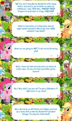 Size: 2048x3438 | Tagged: safe, derpibooru import, idw, official, applejack, marine sandwich, pinkie pie, toffee truffle, earth pony, pony, applejack's hat, cowboy hat, dialogue, english, event, game screencap, gameloft, hat, idw showified, image, png, text