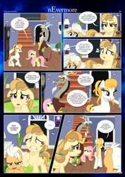 Size: 3259x4607 | Tagged: safe, artist:estories, derpibooru import, discord, fluttershy, oc, oc:alice goldenfeather, oc:fable, oc:golden jewel, draconequus, earth pony, pegasus, pony, comic:nevermore, colt, comic, female, filly, foal, high res, image, male, mare, png, speech bubble