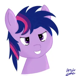 Size: 600x600 | Tagged: safe, artist:ideletedsystem64, derpibooru import, twilight sparkle, pony, bust, evil, evil grin, female, grin, image, looking at you, mare, messy mane, png, purple eyes, simple background, smiling, solo, sparkly eyes, white background, wingding eyes