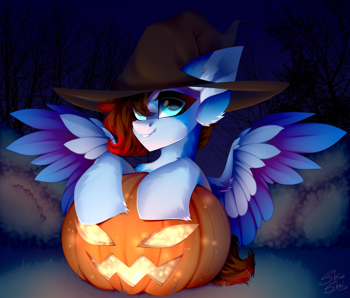 Size: 3500x2981 | Tagged: safe, derpibooru import, oc, pegasus, commission, hat, image, night, png, pumpkin, shinoshai, witch hat