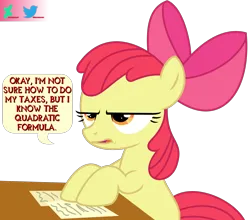 Size: 2000x1760 | Tagged: safe, artist:kuren247, derpibooru import, apple bloom, earth pony, pony, apple bloom is not amused, desk, female, filly, foal, image, paper, png, simple background, sitting, solo, speech bubble, taxes, text, transparent background, unamused, vector