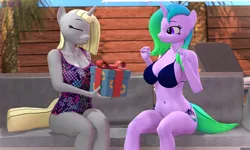 Size: 3600x2160 | Tagged: suggestive, artist:antonsfms, derpibooru import, oc, oc:dejavecu, oc:fiona mahri, anthro, unicorn, 3d, 4k, belly, belly button, bikini, bikini bottom, bikini top, birthday gift, birthday gift art, breasts, clothes, couch, eyes closed, female, females only, gift art, high res, horn, image, legs together, looking at each other, looking at someone, makeup, not izzy moonbow, one-piece swimsuit, outdoors, png, poolside, smiling, smiling at each other, source filmmaker, surprised, swimsuit, tattoo, unicorn oc