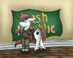 Size: 1280x1024 | Tagged: safe, artist:lil_vampirecj, derpibooru import, oc, oc:wild ace, unofficial characters only, earth pony, pony, commission, flag, floppy ears, gun, image, irish, irish republic, looking away, png, scene, weapon