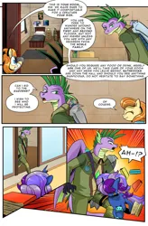 Size: 724x1103 | Tagged: safe, artist:candyclumsy, derpibooru import, spike, oc, pony, unicorn, comic:revolution of harmony, amputee, artificial wings, augmented, book, broken horn, female, horn, image, jpeg, male, mare, older, older spike, prosthetic limb, prosthetic wing, prosthetics, unicorn oc, wings