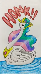 Size: 711x1280 | Tagged: safe, artist:mintytreble, derpibooru import, princess celestia, alicorn, bird, duck, goose, gooselestia, image, jpeg, simple background, species swap, traditional art